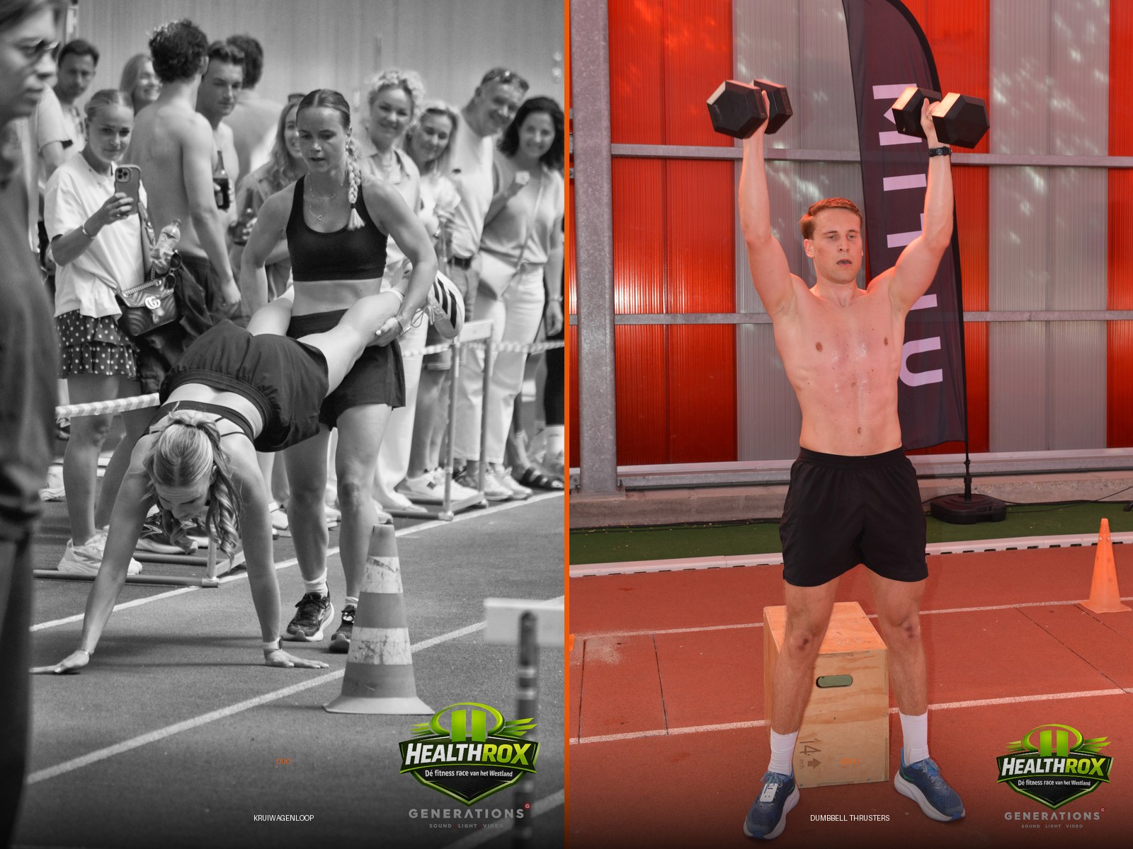 Kruiwagenloop (Duo) / Dumbbell Thrusters (Solo)